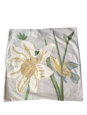 Pottery Barn Daffodil Bird Embroidered Pillow Case 24x24